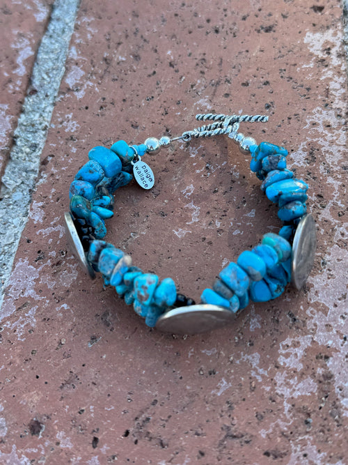 Paige Wallace Handmade Turquoise & Sterling Silver Beaded 2 Strand Bracelet 8"