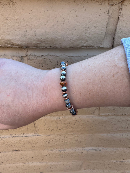 Handcrafted Copper & Sterling Silver Pearl 6mm Beaded Stretch Bracelet 7"