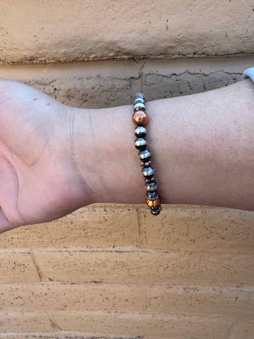 Handcrafted Copper & Sterling Silver Pearl 6mm Beaded Stretch Bracelet 7"