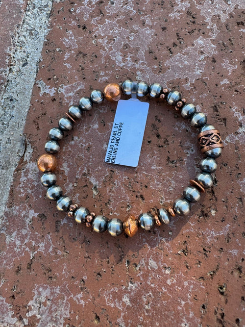 Handcrafted Copper & Sterling Silver Pearl 6mm Beaded Stretch Bracelet 7"