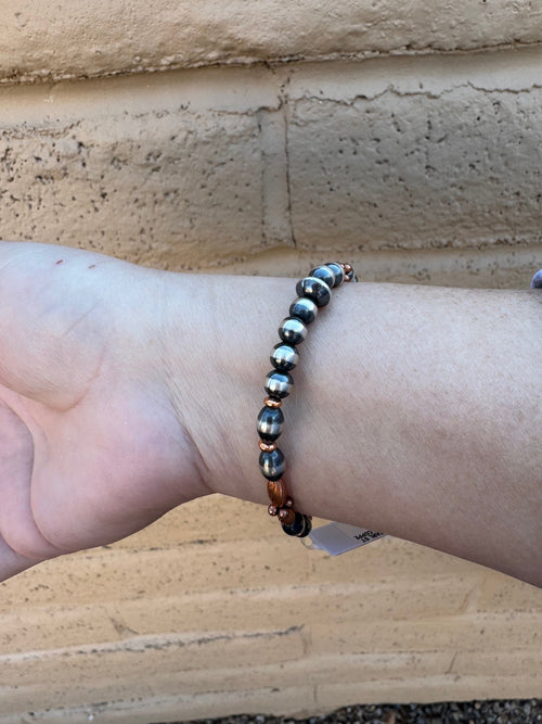 Handcrafted Copper & Sterling Silver Pearl 6mm Beaded Stretch Bracelet 7"