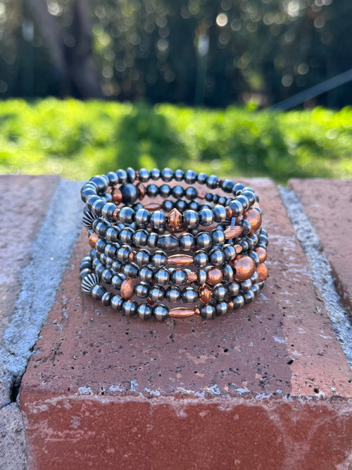 Handcrafted Copper & Sterling Silver Pearl 6-8mm Beaded 6 strand Stretch Bracelet