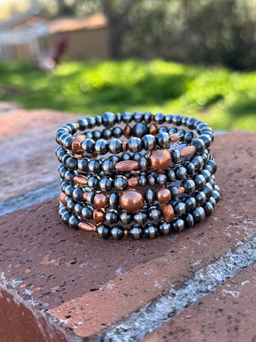 Handcrafted Copper & Sterling Silver Pearl 6-8mm Beaded 6 strand Stretch Bracelet