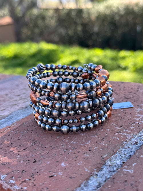 Handcrafted Copper & Sterling Silver Pearl 6-8mm Beaded 6 strand Stretch Bracelet