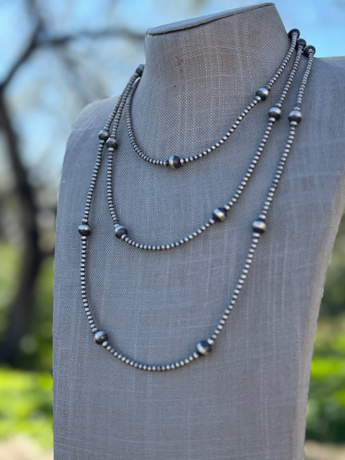 Handcrafted Sterling Silver Pearl 3-8mm Beaded Necklace 62"
