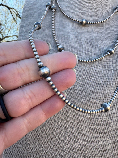 Handcrafted Sterling Silver Pearl 3-8mm Beaded Necklace 62"