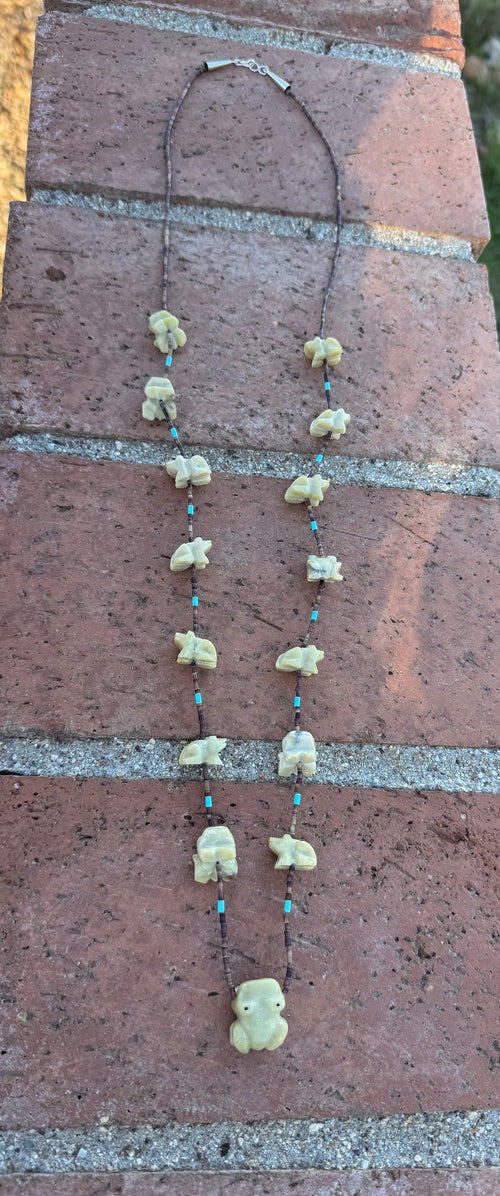 Handcrafted Sterling Silver & Beaded Frog Fetish Necklace 33"