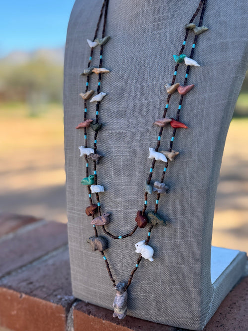 Handcrafted Sterling Silver & Beaded Fetish 2 strand Necklace 30"