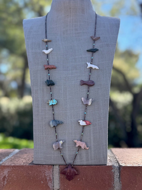 Handcrafted Sterling Silver & Beaded Fetish Necklace 34"
