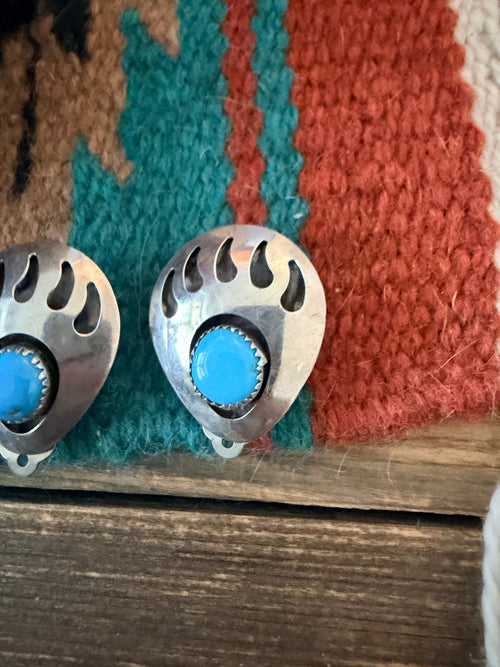 Old Pawn Handcrafted Sterling Silver & Turquoise Bear Paw Clip On Earrings