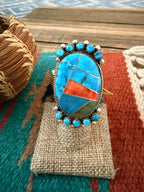 Old Pawn Handcrafted Turquoise, Spiny Oyster & Sterling Silver Ring Size 8.5