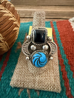 Old Pawn Handcrafted Turquoise, Onyx & Sterling Silve Adjustable Ring