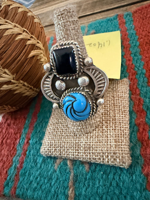 Old Pawn Handcrafted Turquoise, Onyx & Sterling Silve Adjustable Ring