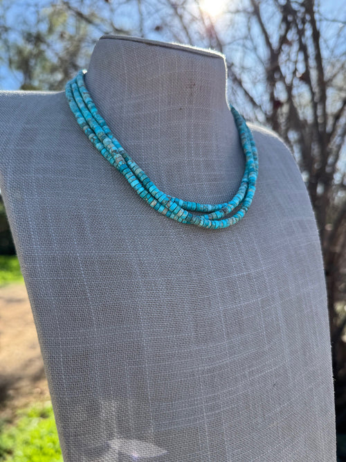 Handcrafted Sterling Silver & Rolled Kingman Turquoise Beaded Necklace 17"