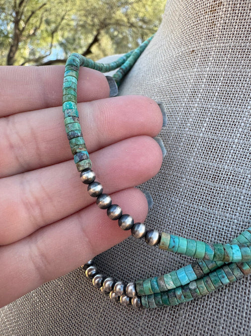 Handcrafted Sterling Silver & Kingman Turquoise Beaded Necklace 18"