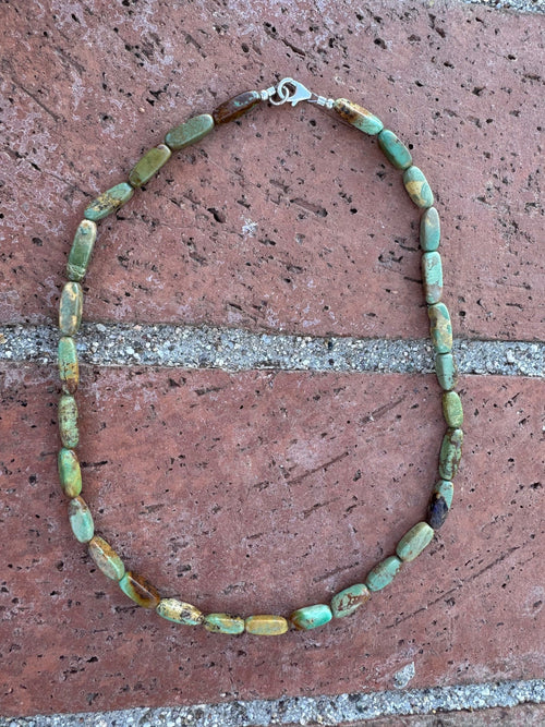 Handcrafted Sterling Silver & Royston Turquoise Barrel beaded Necklace 17"