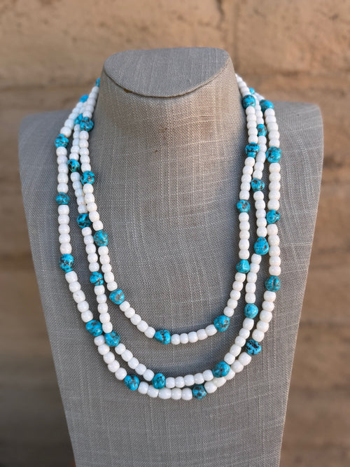 Handcrafted Kingman Turquoise & Mother of Pearl Sterling Silver 3 strand Beaded Necklace 22"