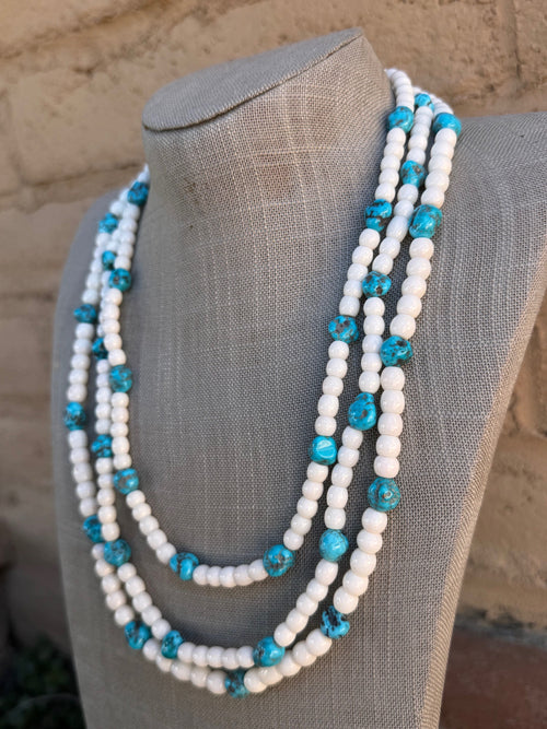 Handcrafted Kingman Turquoise & Mother of Pearl Sterling Silver 3 strand Beaded Necklace 22"