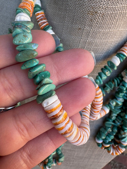 Handcrafted Turquoise & Spiny Triple Jacla Beaded Necklace 24"