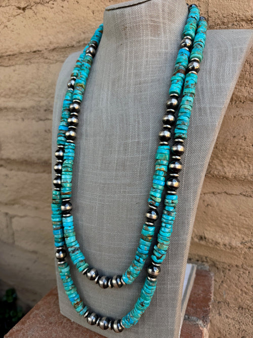 Handcrafted Rolled Natural Kingman Turquoise & Sterling Silver 12mm Beaded Necklace 64"