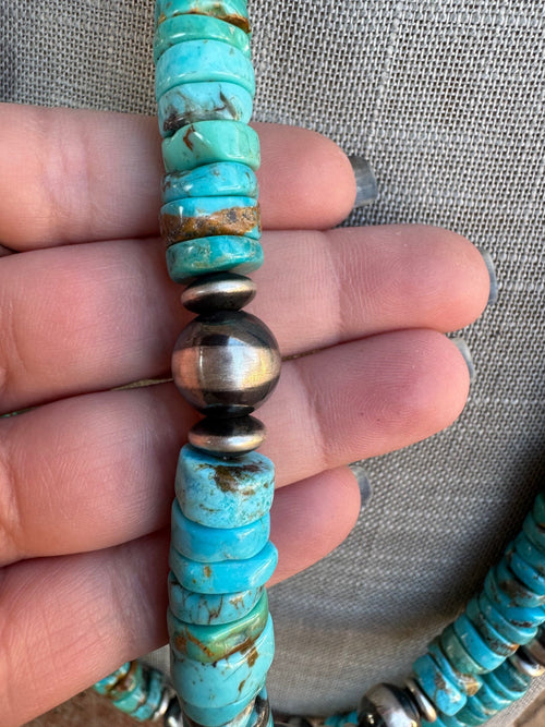 Handcrafted Rolled Natural Kingman Turquoise & Sterling Silver 12mm Beaded Necklace 64"