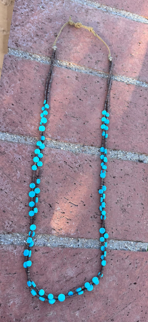 Handcrafted Kingman Turquoise & Heishi 2 strand Beaded Necklace 30"