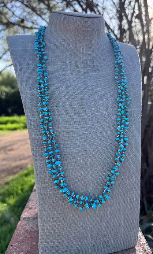 Handcrafted Kingman Turquoise & Heishi 3 strand Beaded Necklace 30"