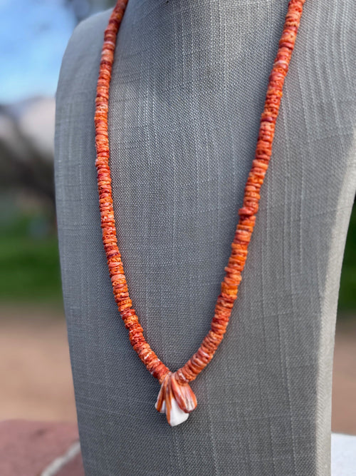 Handcrafted Orange Spiny Oyster & Sterling Silver Beaded Necklace 26"