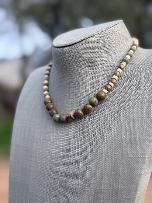 Handcrafted Royston Turquoise & Heishi, Sterling Silver Beaded Necklace 15"