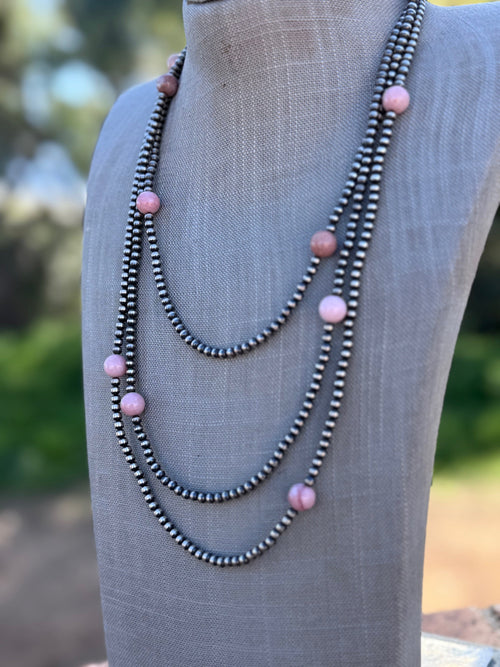 Handcrafted Sterling Silver & Pink Conch 4mm beaded Necklace 72"