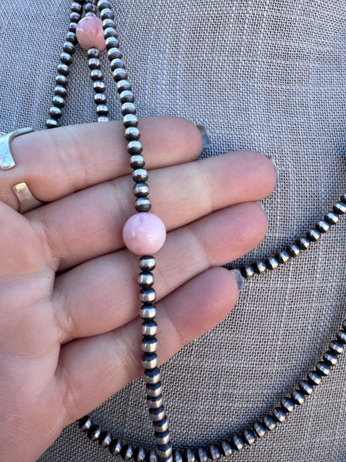 Handcrafted Sterling Silver & Pink Conch 4mm beaded Necklace 72"