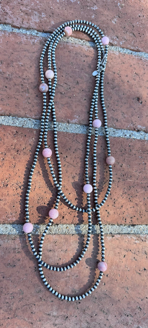 Handcrafted Sterling Silver & Pink Conch 4mm beaded Necklace 72"