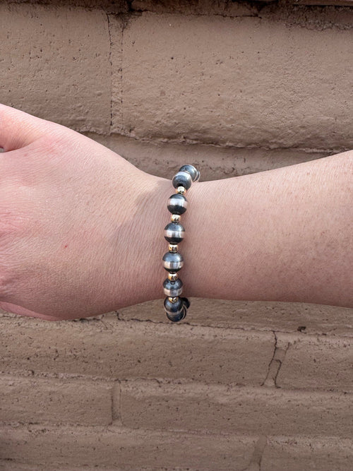 Handcrafted Patterned Gold Overlay & Sterling Silver Pearl 4-8mm Beaded Bracelet 7.5"