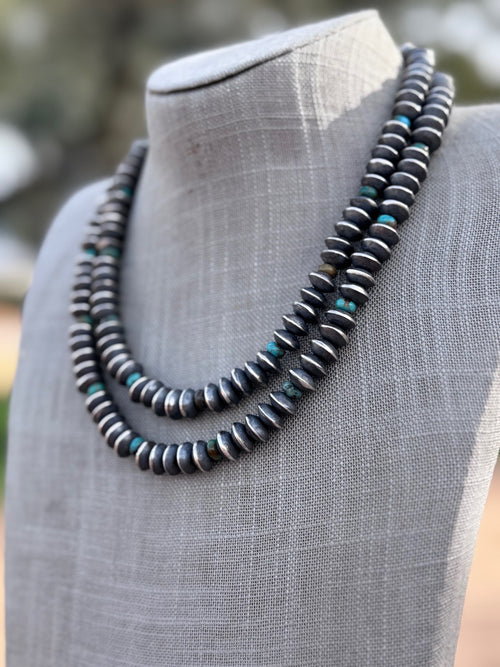 Handcrafted Kingman Turquoise & Sterling Silver Saucer Pearls 8mm Beaded Necklace