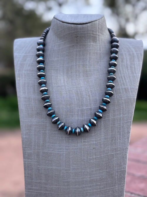 Handcrafted Kingman Turquoise & Sterling Silver Saucer Pearls 6-12mm  Beaded Necklace 22"