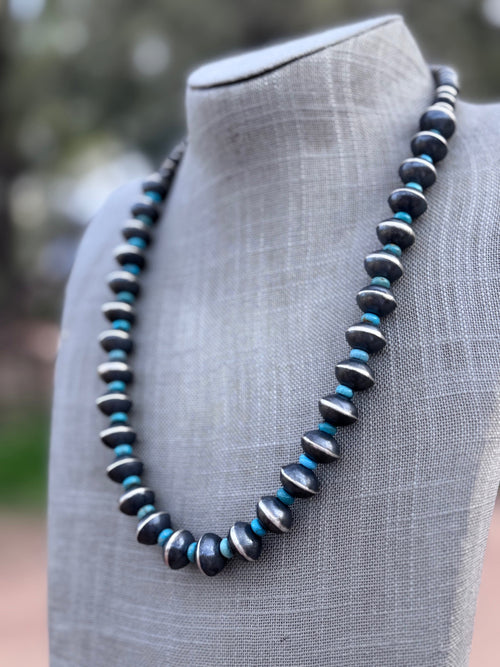 Handcrafted Kingman Turquoise & Sterling Silver Saucer Pearls 6-12mm  Beaded Necklace 22"