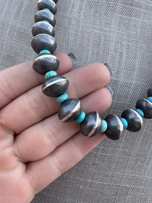 Handcrafted Kingman Turquoise & Sterling Silver Saucer Pearls 6-12mm  Beaded Necklace 22"