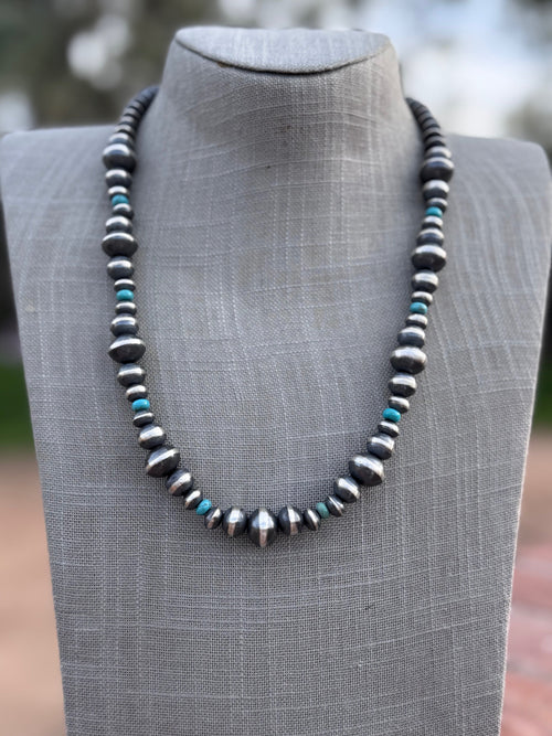 Handcrafted Kingman Turquoise & Sterling Silver Saucer Pearls 6-12mm  Beaded Necklace 22"