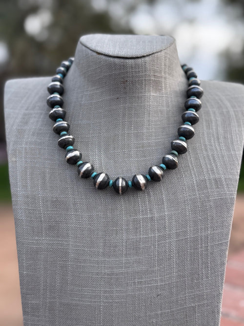 Handcrafted Kingman Turquoise & Sterling Silver Saucer Pearls 8-12mm  Beaded Necklace 18"