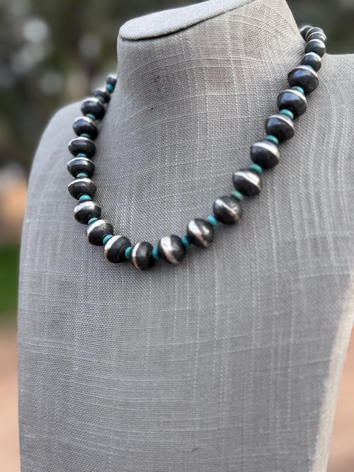 Handcrafted Kingman Turquoise & Sterling Silver Saucer Pearls 8-12mm  Beaded Necklace 18"