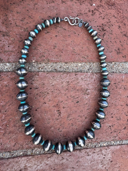Handcrafted Kingman Turquoise & Sterling Silver Saucer Pearls 8-12mm  Beaded Necklace 18"
