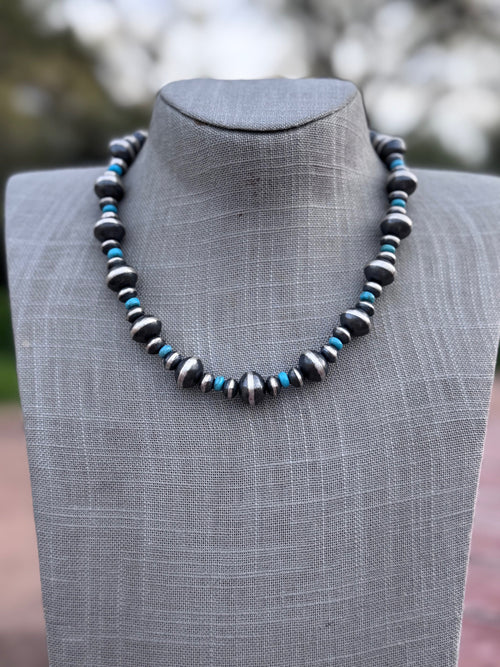 Handcrafted Kingman Turquoise & Sterling Silver Saucer Pearls 8-12mm  Beaded Necklace 18"