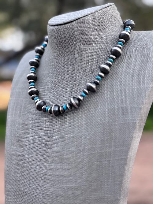 Handcrafted Kingman Turquoise & Sterling Silver Saucer Pearls 8-12mm  Beaded Necklace 18"