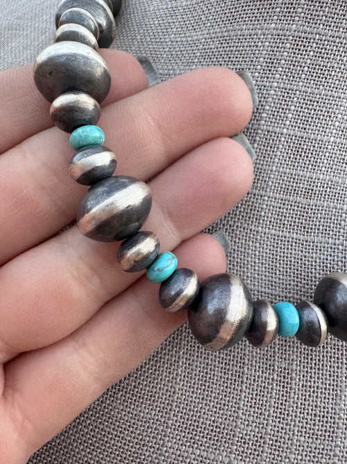 Handcrafted Kingman Turquoise & Sterling Silver Saucer Pearls 8-12mm  Beaded Necklace 18"