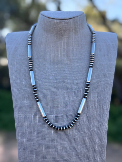 Handcrafted Sterling Silver Barrel & Saucer Beaded Necklace 24"