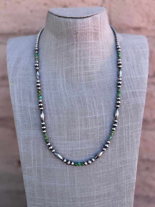 Handcrafted Royston Turquoise Sterling Silver 4-6mm Beaded Necklace 24"
