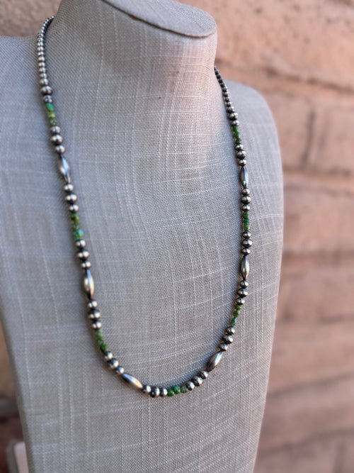 Handcrafted Royston Turquoise Sterling Silver 4-6mm Beaded Necklace 24"