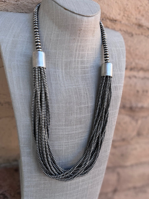 Handcrafted Saucer Pearl Sterling Silver Multi Strand Beaded Necklace 28"