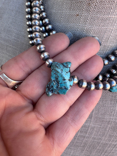Handcrafted Chunky Kingman Turquoise And Sterling Silver 6mm Beaded Necklace 16"