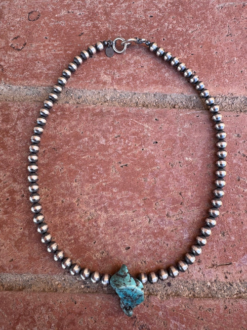 Handcrafted Chunky Kingman Turquoise And Sterling Silver 6mm Beaded Necklace 16"